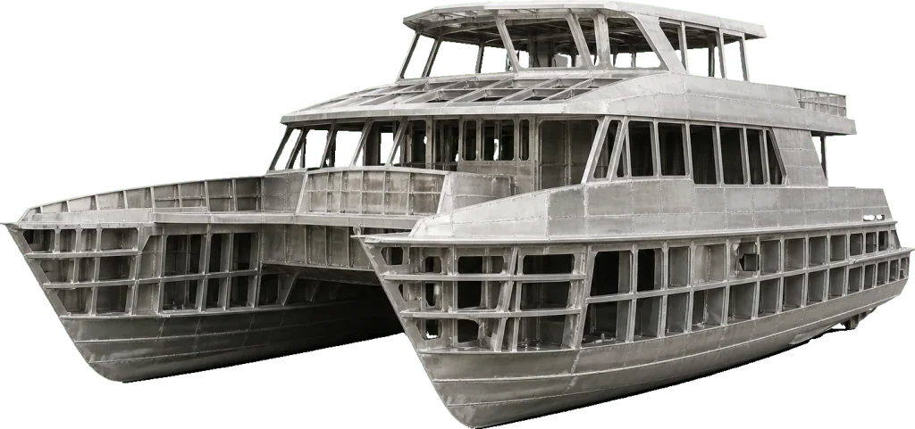Aluminum catamaran hull and superstructure under construction