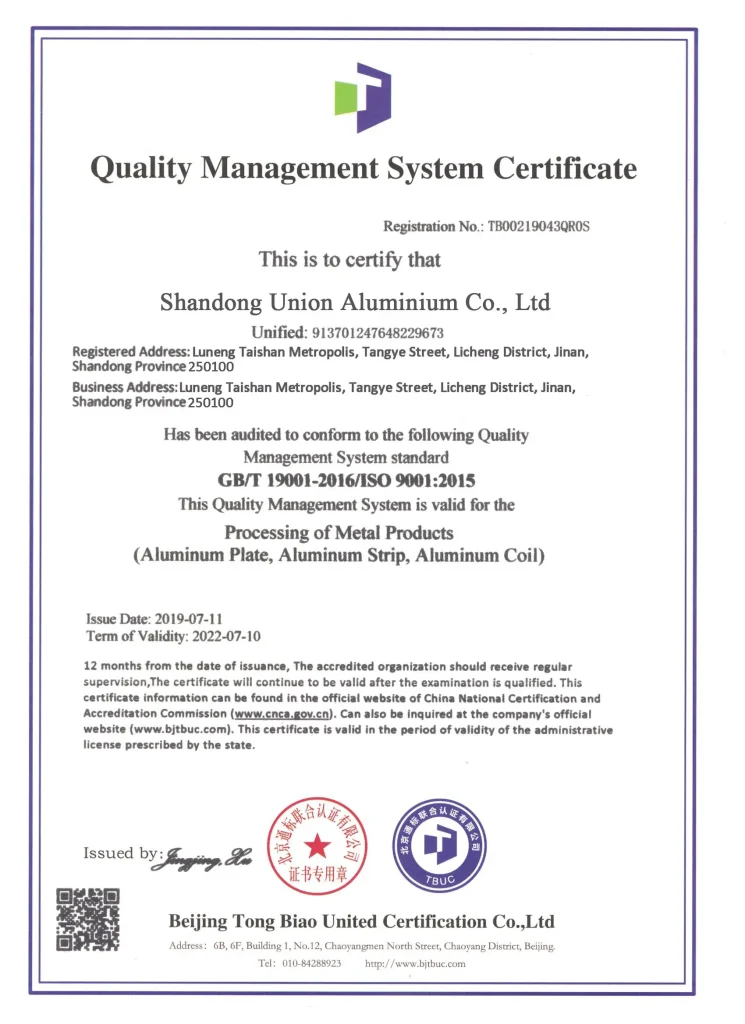 ISO 9001 quality management system certificate